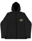 The Stacked Jacket Black front view - 10k lightweight snowboard shell, weatherproof, adjustable hood, taped seams, zippable pockets.