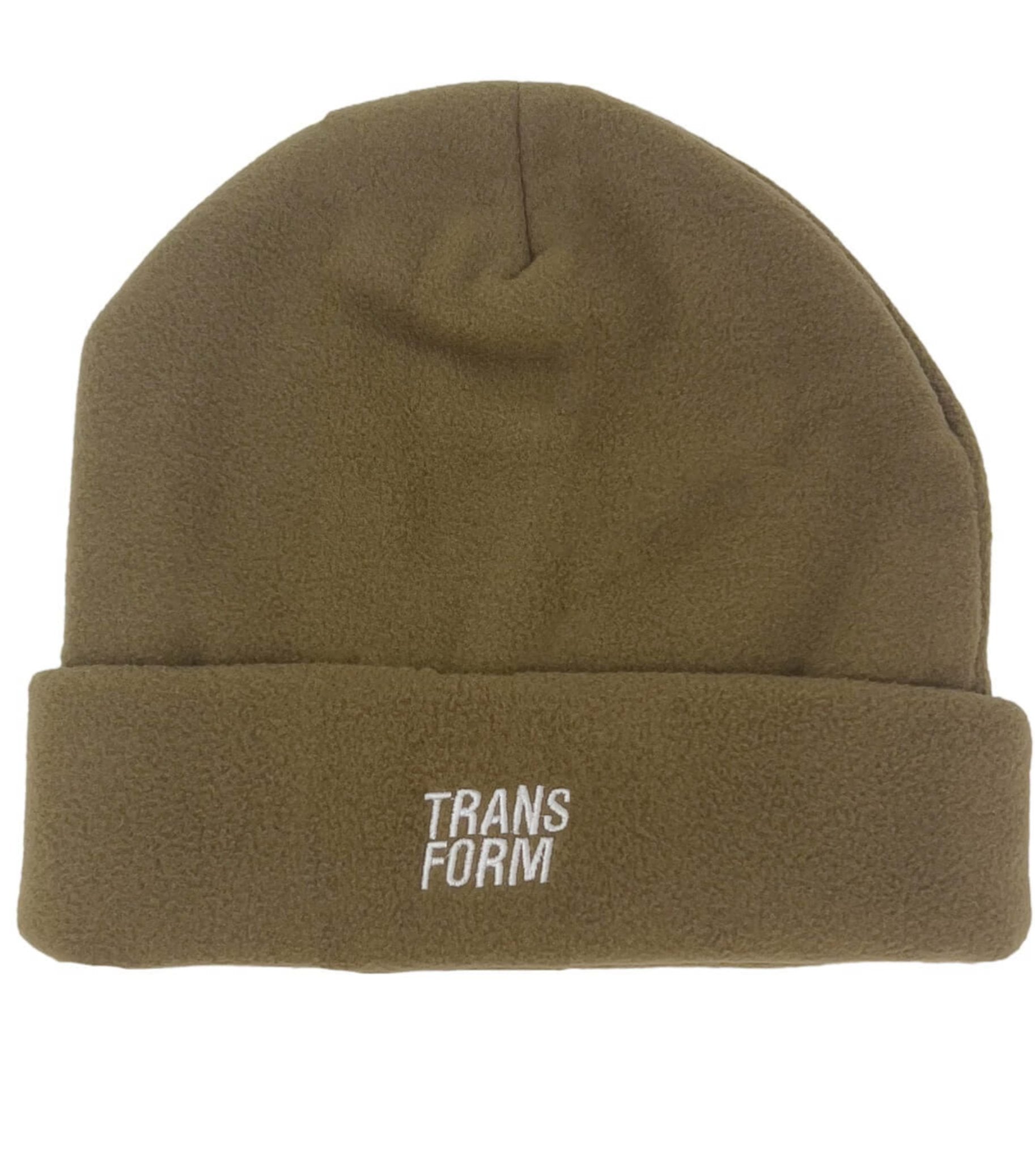 Heavyweight tan fleece snowboard beanie with extra perch, rubber logo, and gender-neutral sizing, suitable for snowboarding.