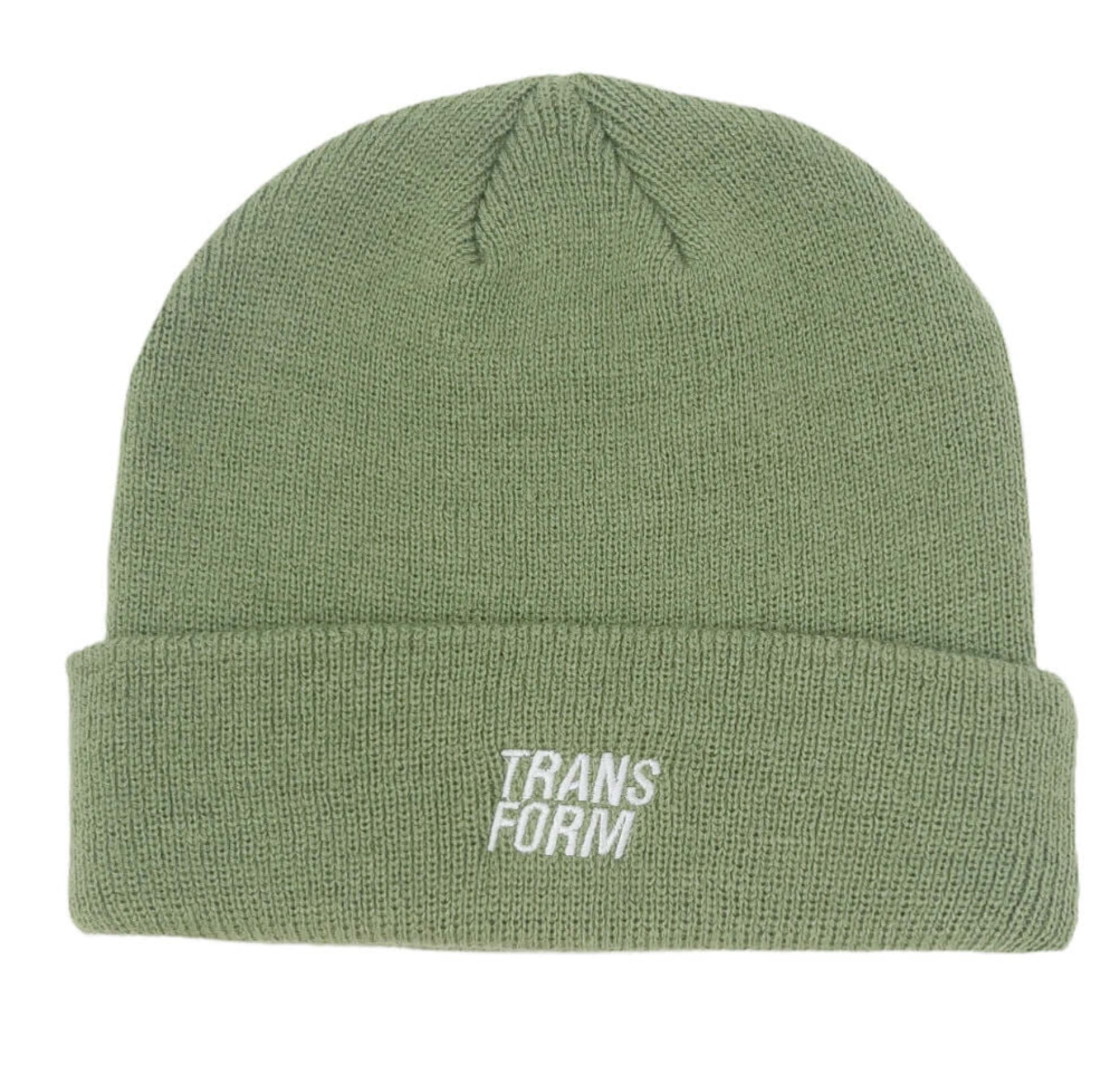 The Stacked Beanie Matcha mid-length, 100% acrylic, in green, perfect for snowboarding, features "TRANSFORM" logo