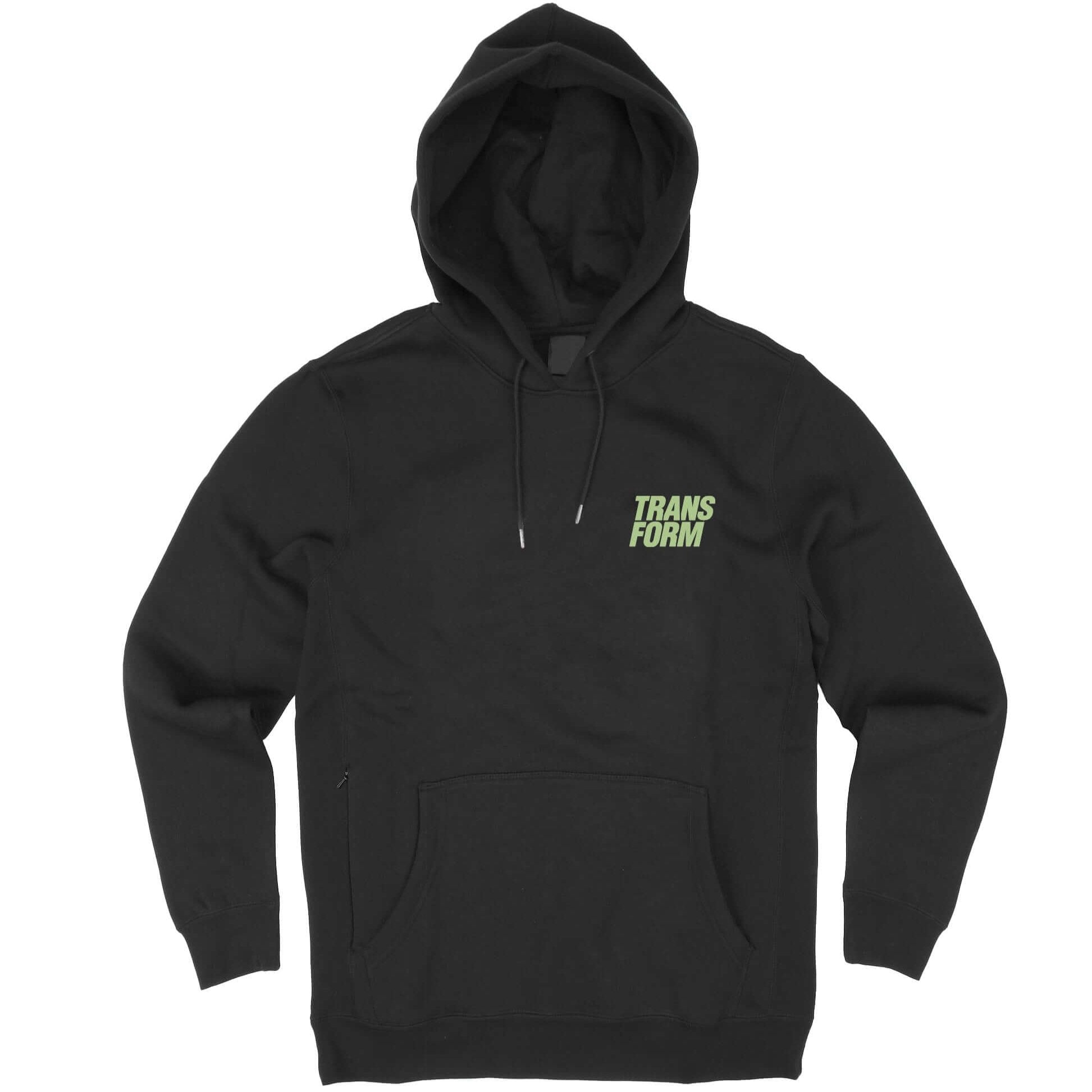 Black SE12 Softshell Hoody with Transform Logo, ideal for snowboarding and long flights, featuring pit zips and water-resistant kangaroo pockets