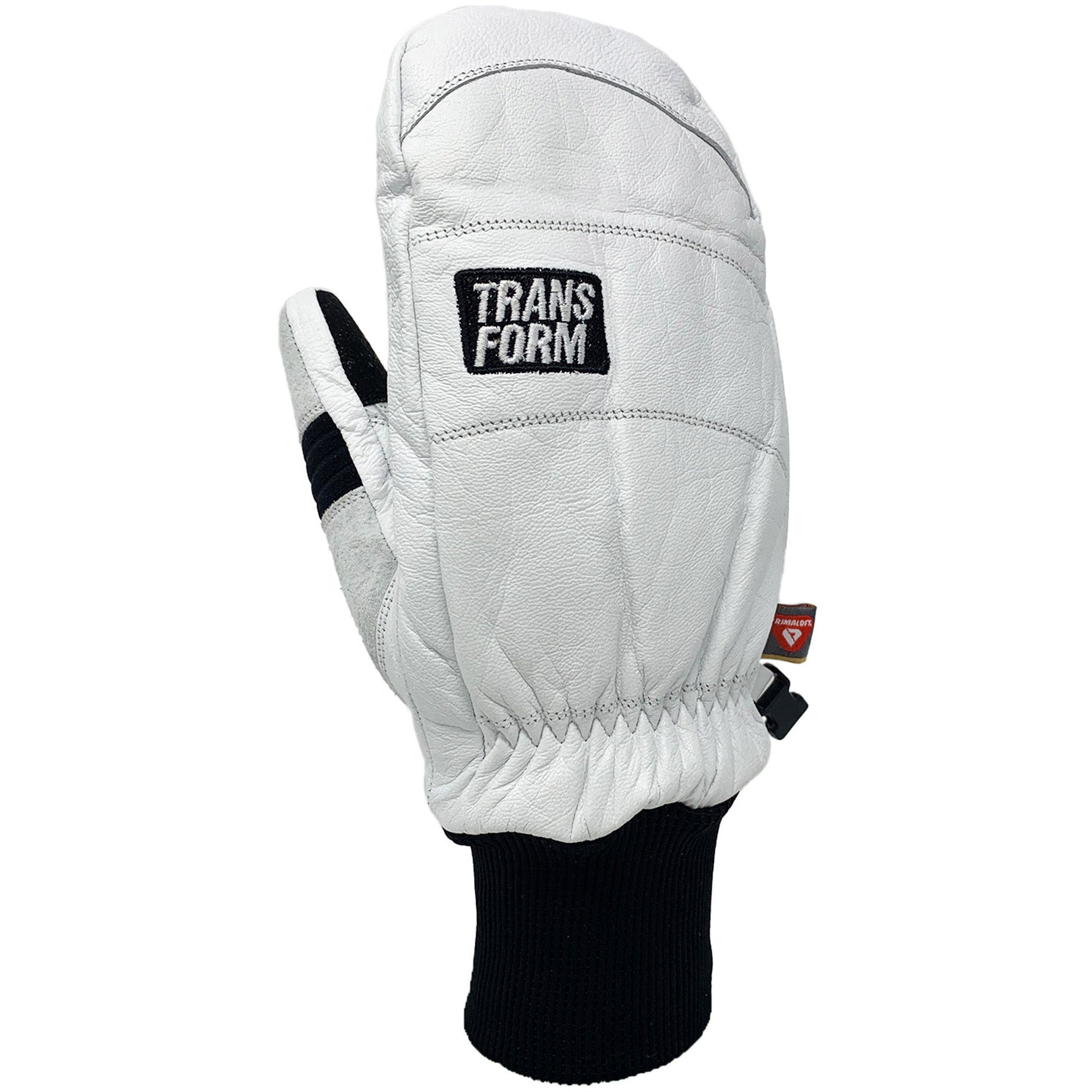 White Photo Incentive Mitt with full leather, Primaloft Gold Insulation, Hipora waterproof inserts, and Comfort Cuff design for snowboarding